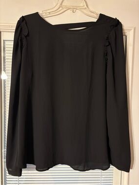 LOFT Black Long-Sleeve Ruffle-Shoulder Blouse
